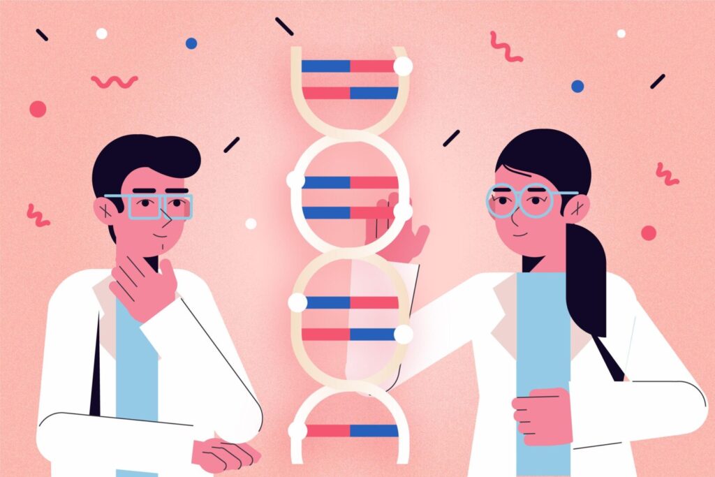 Ilustração de personagens estudando e avaliando filamento de DNA