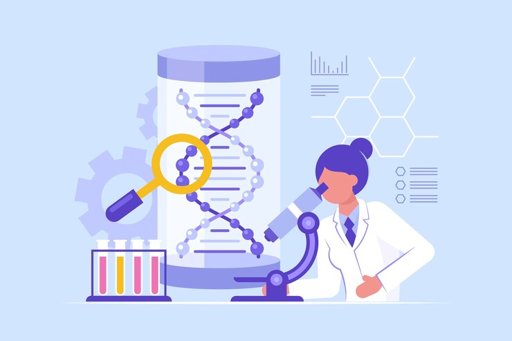 Ilustração de moça olhando no microscópio de um laboratório