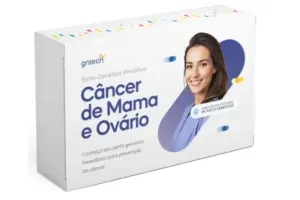 Caixa do teste genético preditivo para câncer de mama e ovário que analisa os genes BRCA1 e BRCA2.