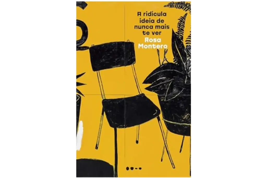 Capa do livro "A Ridícula Ideia de Nunca Mais Te Ver" com ilustrações minimalistas em preto e amarelo, retratando o luto e a reconstrução emocional.