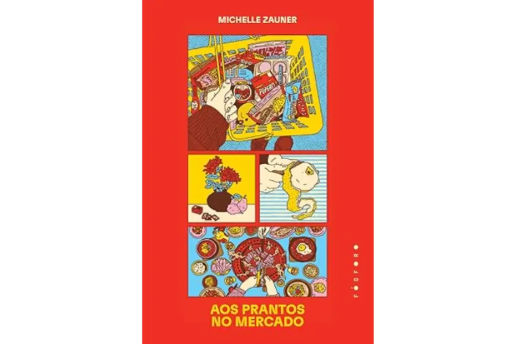 Capa do livro "Aos Prantos no Mercado", de Michelle Zauner, com ilustrações coloridas e vibrantes, representando compras, flores e pratos de comida.