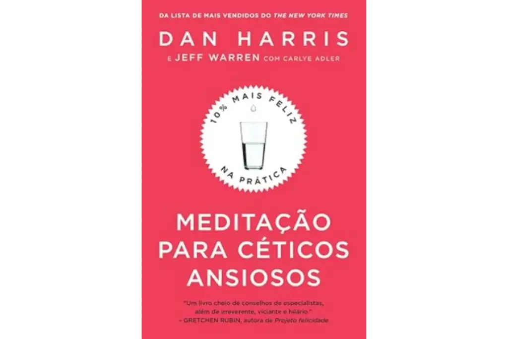 Capa do livro "Meditação para Céticos Ansiosos", com fundo vermelho e uma imagem de copo de água, simbolizando equilíbrio e clareza mental.