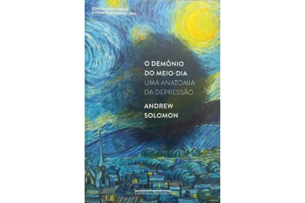 Capa do livro "O Demônio do Meio-Dia", com uma pintura inspirada em "Noite Estrelada" de Van Gogh, simbolizando as complexidades da depressão.