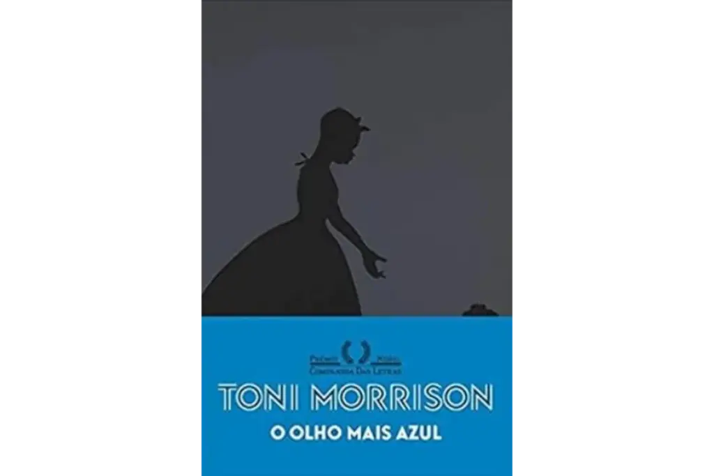 Capa do livro "O Olho Mais Azul" de Toni Morrison, com ilustração de uma silhueta feminina e fundo escuro, explorando temas de exclusão e sofrimento racial.