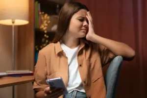 Mulher com expressão de desconforto segurando a cabeça para ilustrar efeitos colaterais do Topiramato